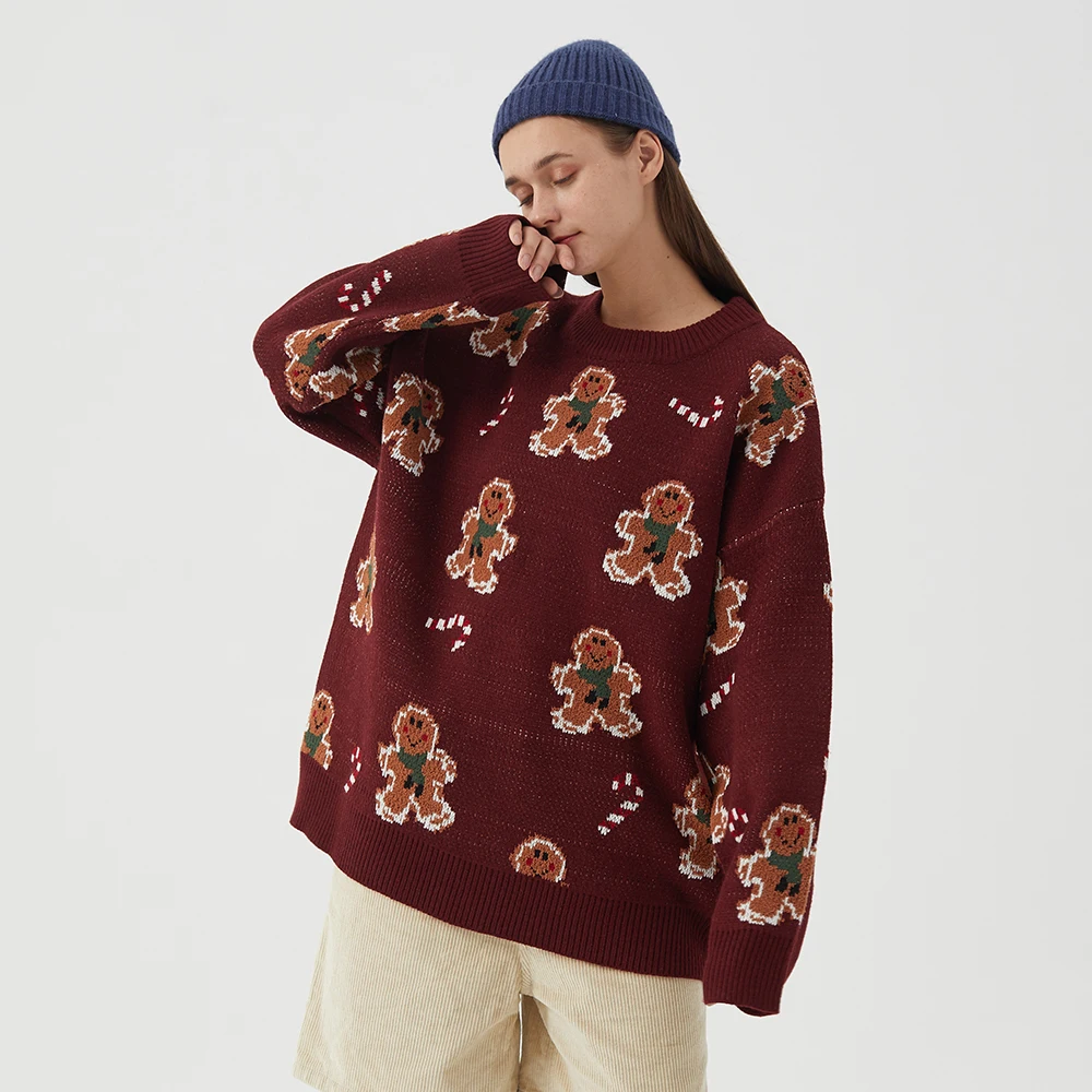Christmas ginger man cartoon jacquard plus size knit top pullover sweater for women fall