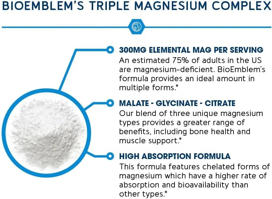 High Absorption Vegan Non-GMO Triple Magnesium Complex Capsules 300mg Magnesium Glycinate Malate Citrate for Muscles Nerves