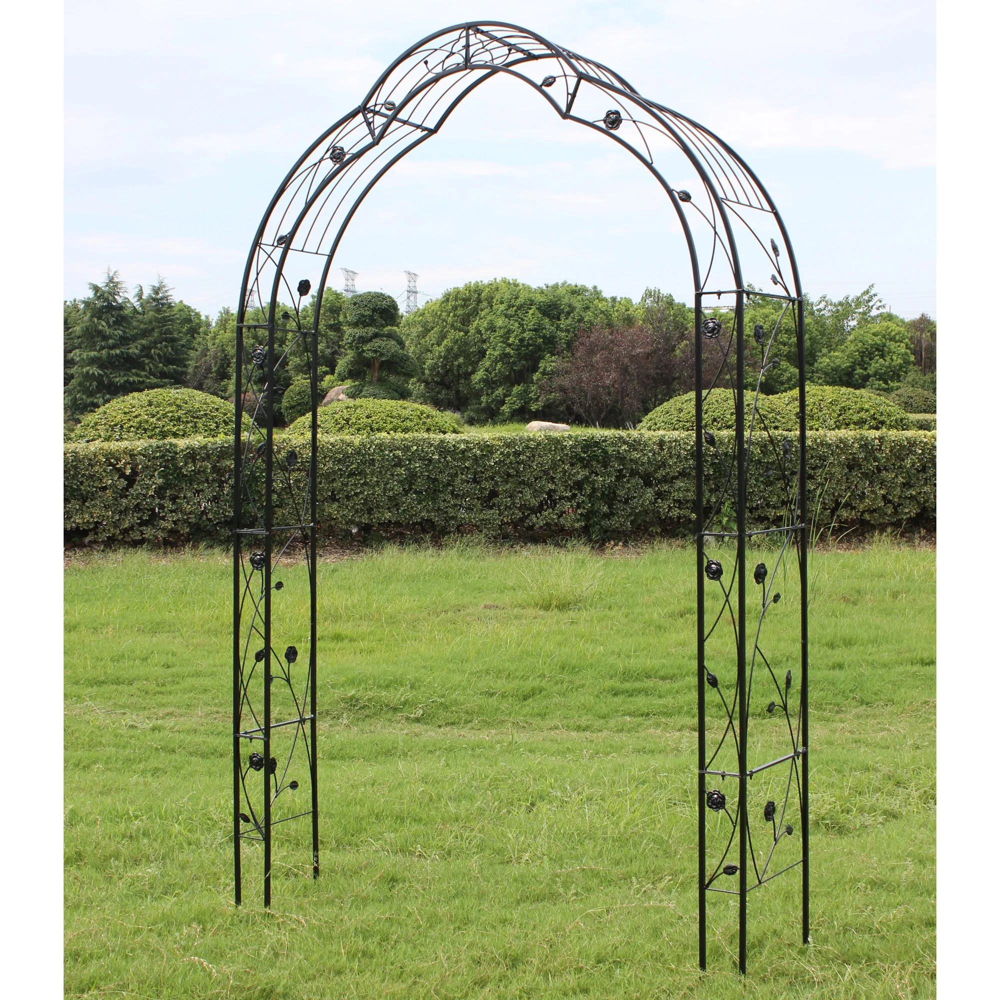 Black Metal Garden Arch for Climbing Plants Support Powder Coated Rose Arch with Easy Assembly for Backyard Application