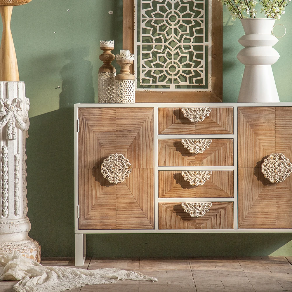 High Quality Kitchen Cabinets Retro Design Glass Door Accent Solid Wooden Cabinet With Drawers Modern Living Room Cabinets