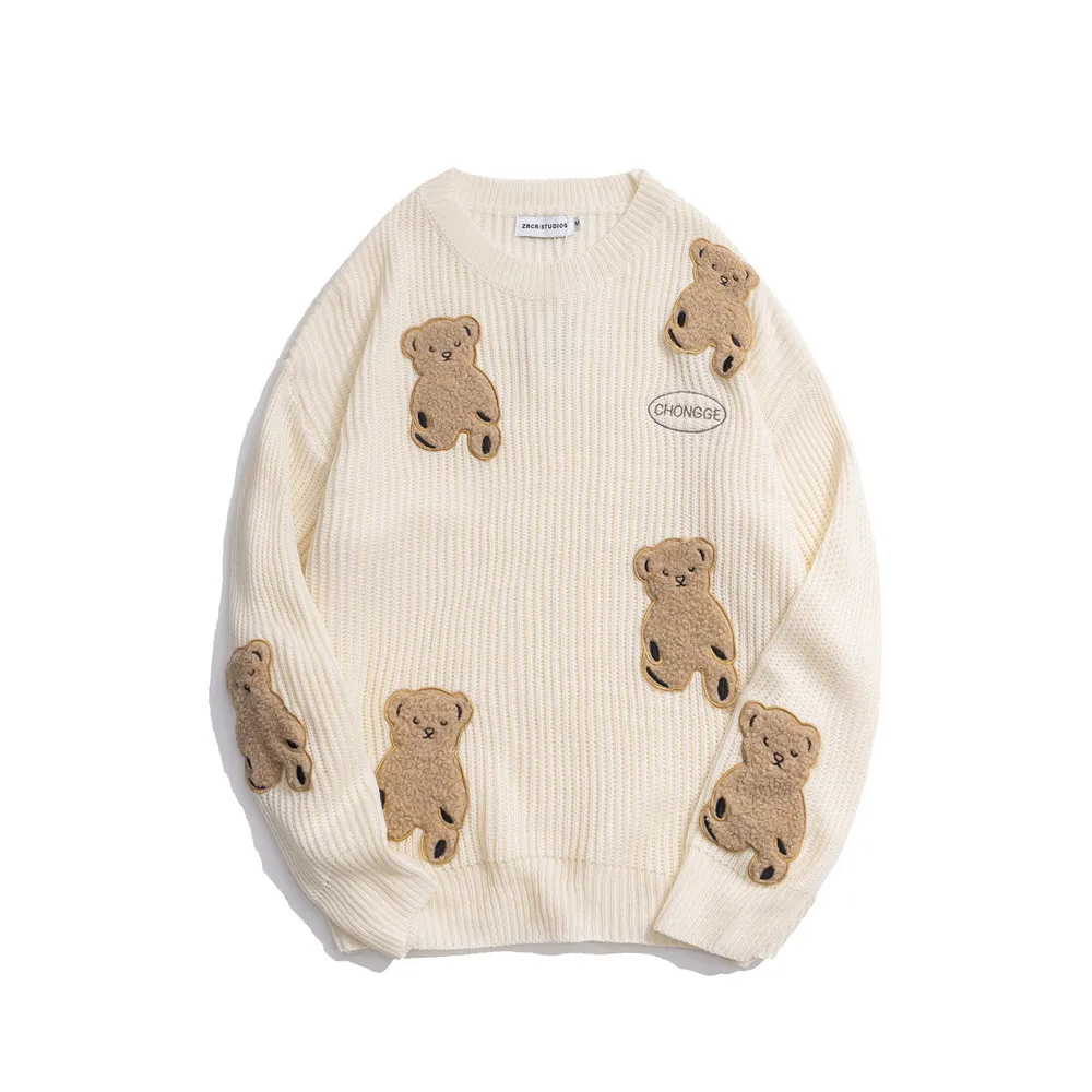 Cute Design Men Round Neck Trend Loose Plus Size Pullover Cartoon Bear Embroidery Knit Sweater Clothing