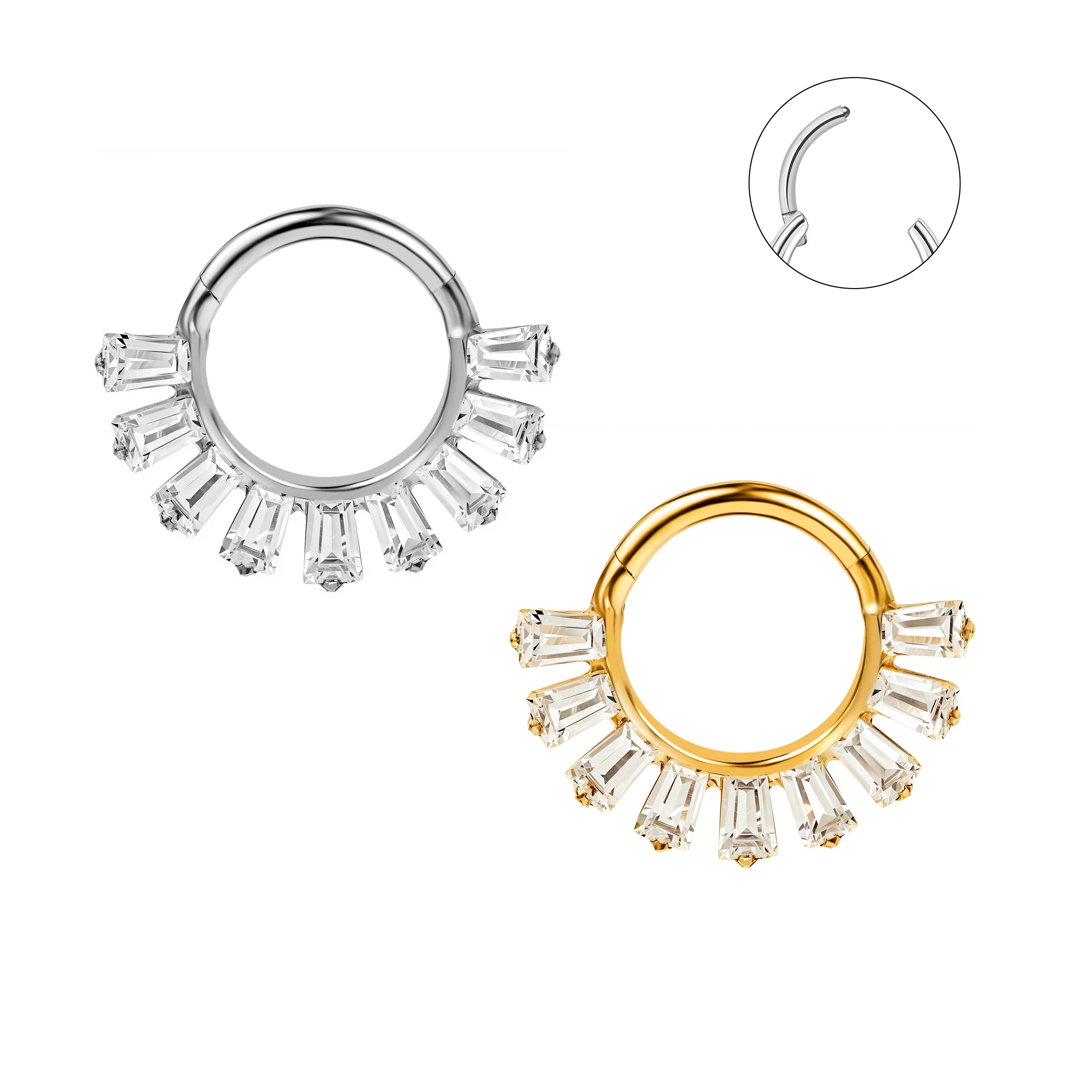 Luxury G23 Titanium Golden Brilliant Baguette Sparkles Array Nose Clicker Hoop Ring