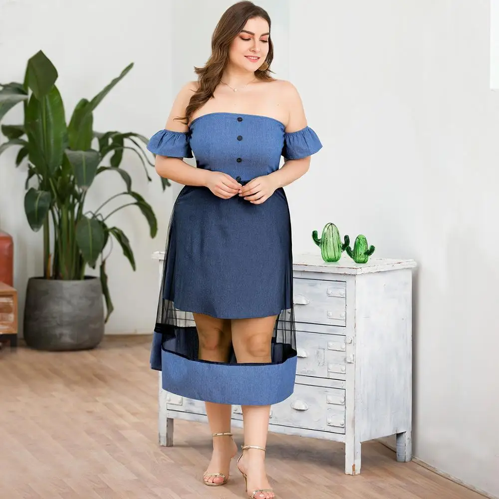 
Off Shoulder Wrapped Chest Short Sleeve High Waist Mesh Splicing Large Size Women Denim Dress 