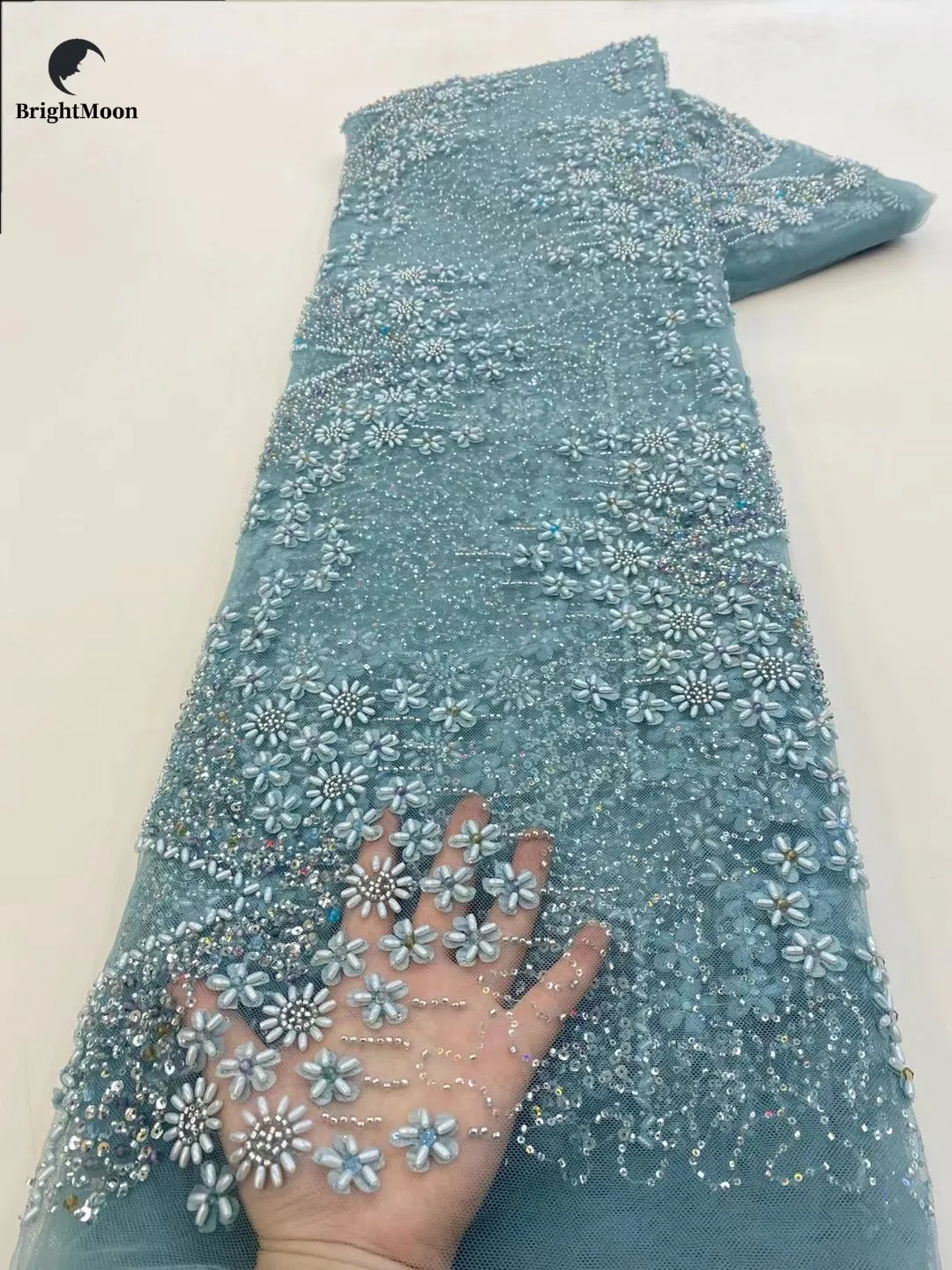 Heavy beads embroidery flower sequins tulle lace women mesh lace fabric for wedding dress