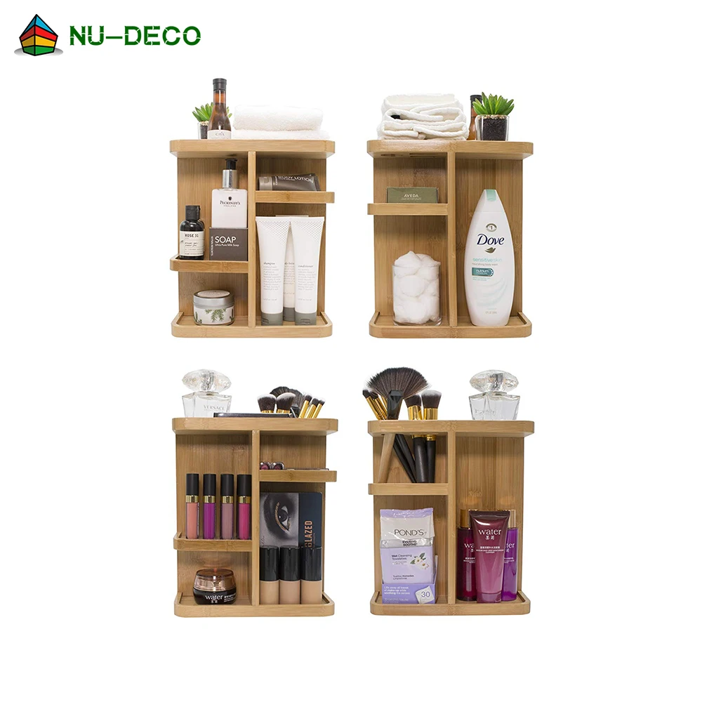 Desktop wood bamboo cosmetic 360 rotating storage makeup organizer