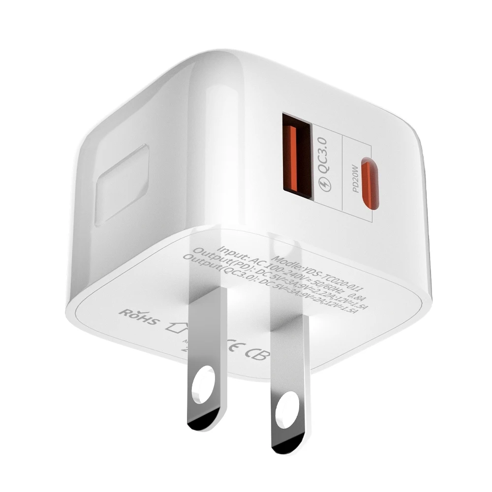 2-Port QC3.0 and Type-C USB Wall Charger Fast Charging 20W USB Charger