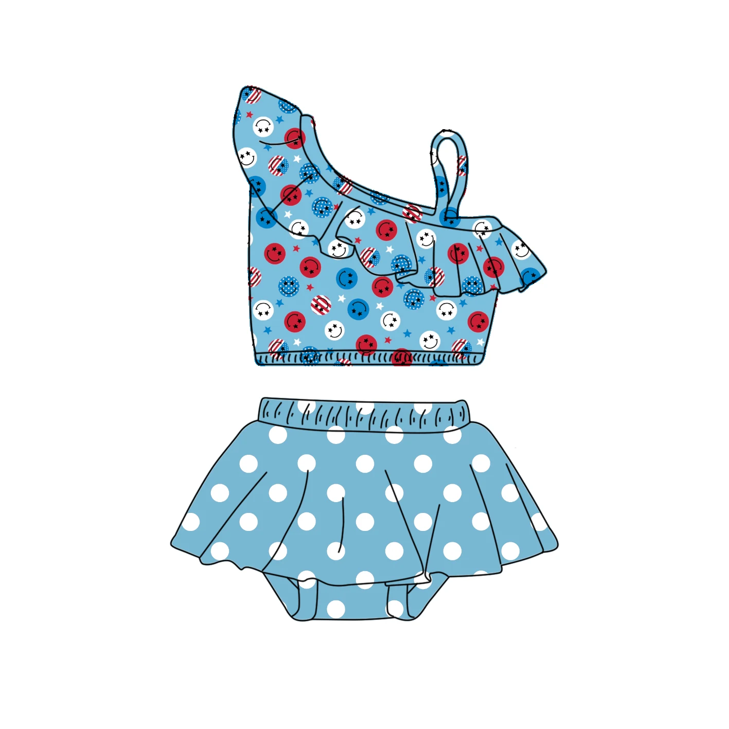 Custom Children Girl 4th Of July Flag Swimsuit Toddler Girls one shoulder Crop Top 2pcs Swimwear
