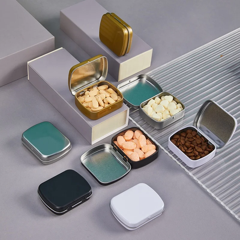 Factory Stock Custom High Quality Food Grade Black Gold Silver Candy Storage Medicine Travel Dispenser Metal Tin Box With Hinge