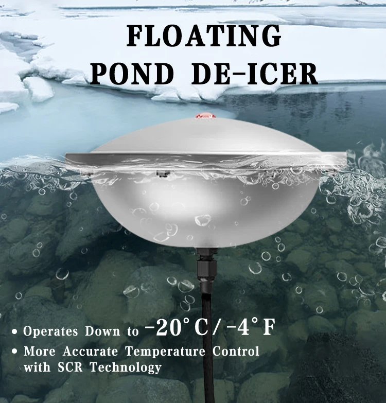 De-icers designed for deep and shallow ponds Cold weather pond management with de-icer systems Winter pond ice prevention system