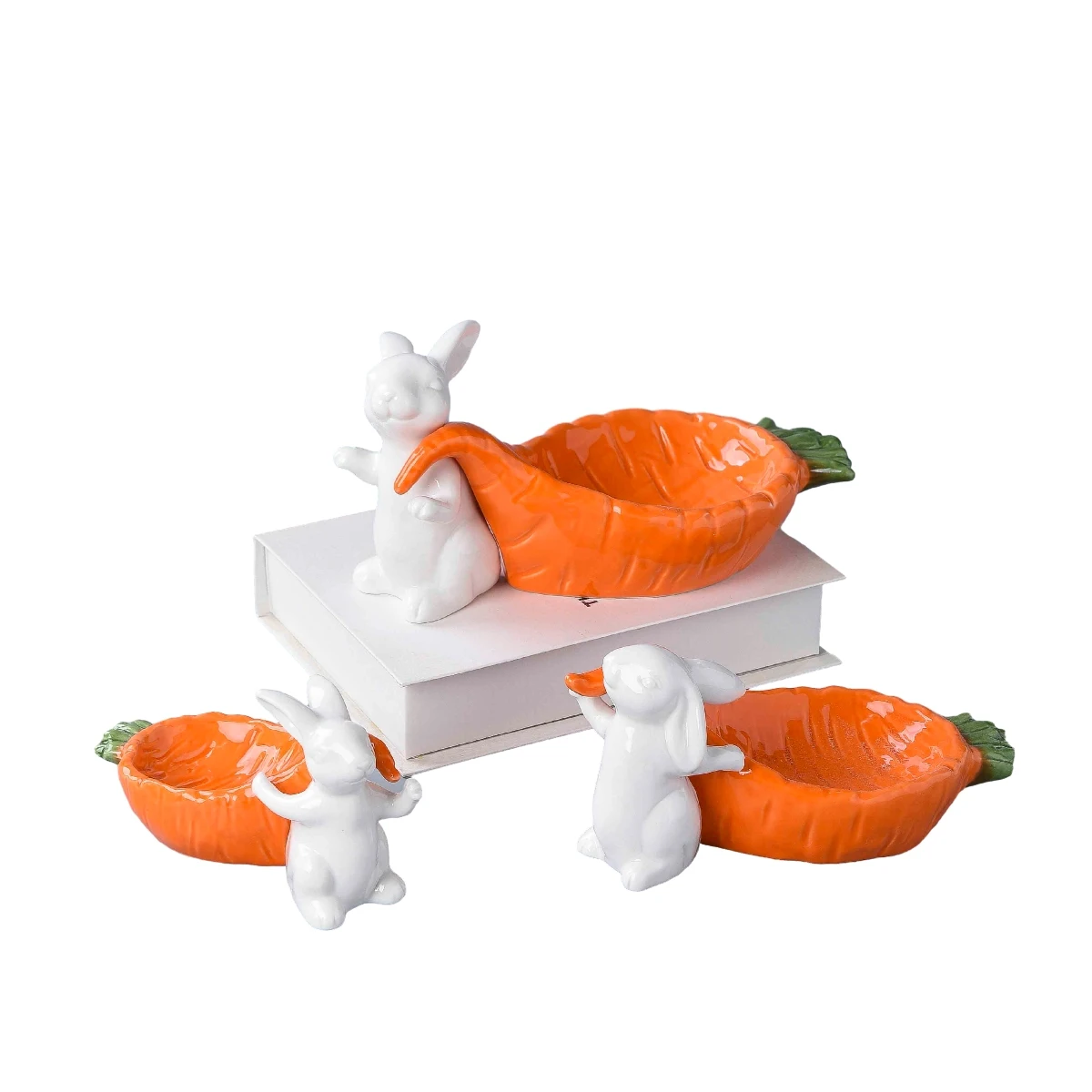 Custom Easter Decor Statue Jar Eggs Ornaments Ceramic Easter Bunny Rabbit Basket With Carrot