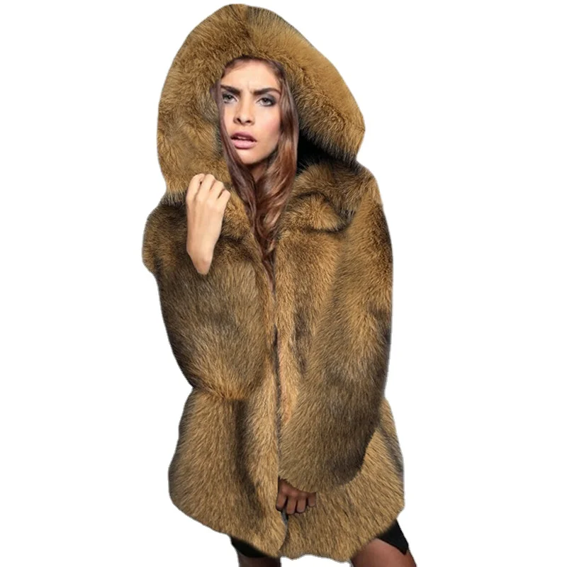 New fashion custom logo  imitation fur coats  Wholesale hooded outwear High Quality artificial fur long jackets for ladies