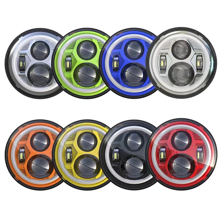 Multicolor led car headlight angle eyes yellow and white 6500K DC 12 volt 7 inch round halo headlights