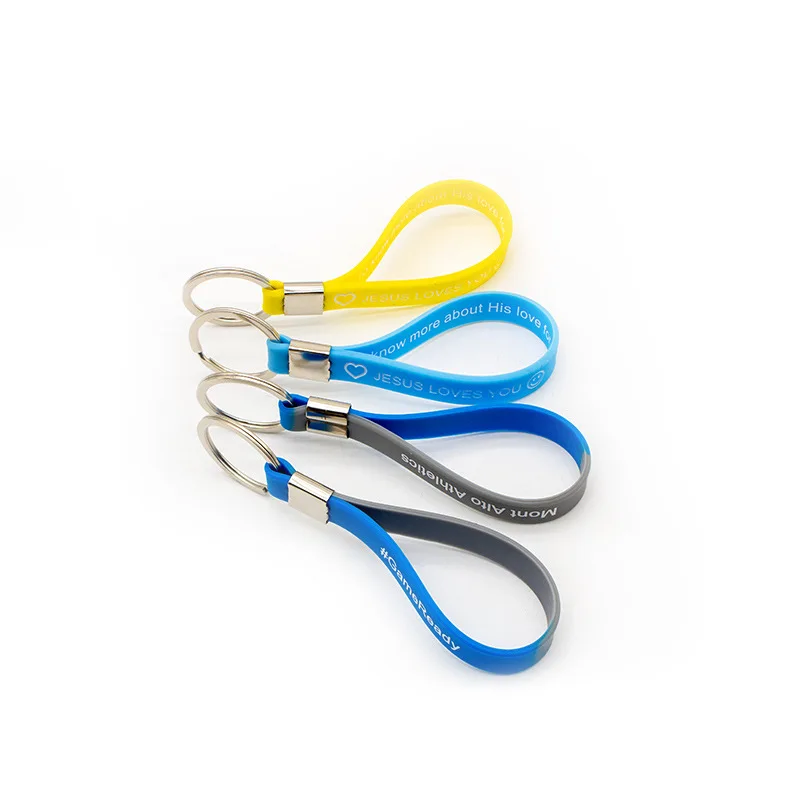 Factory Personalized Promotional Silicone Wrist Keychain with Keyring Make Your Own Logo or Text Rubber Silicon Key Chains