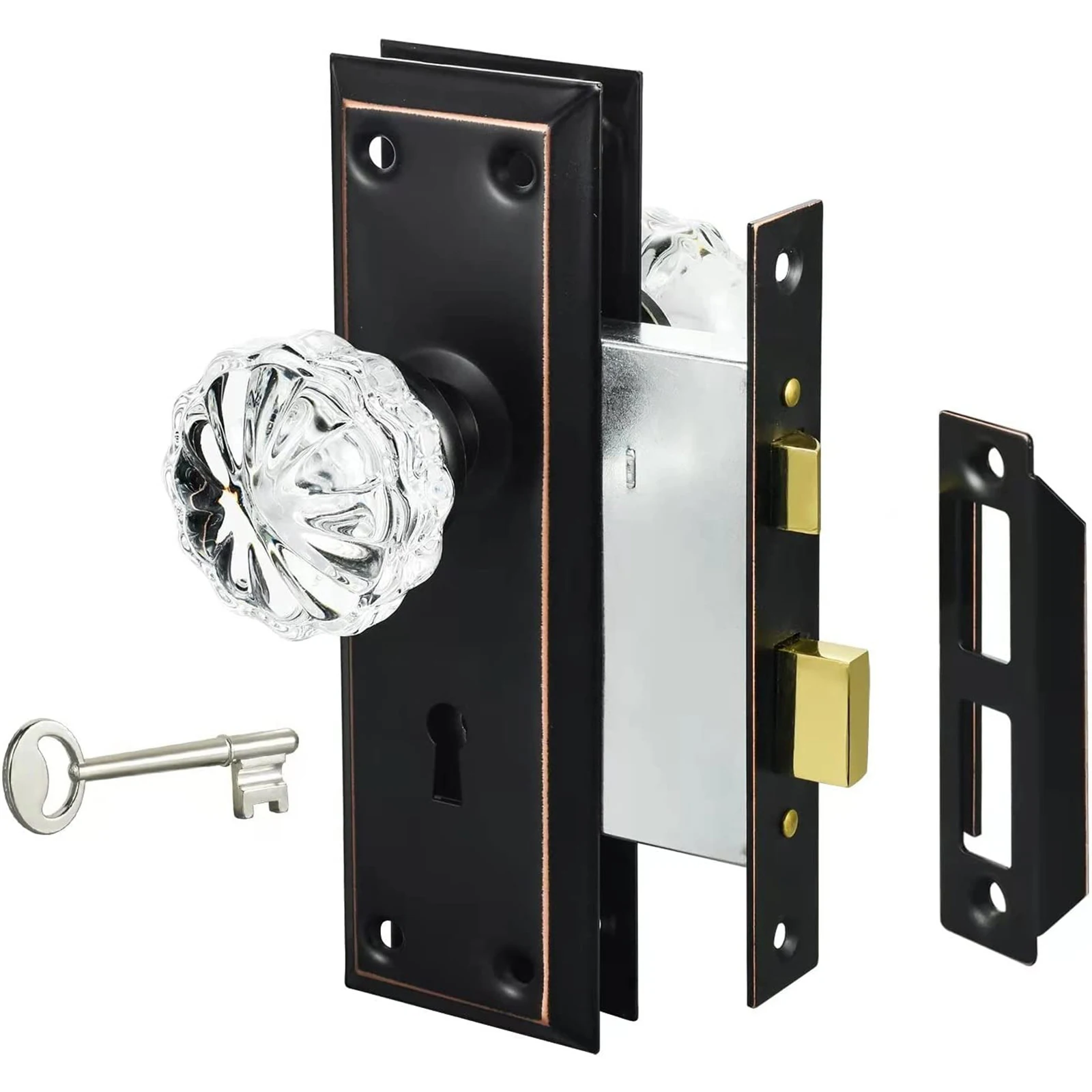 Vintage Keyed Indoor Mortise Keyed Lock Set with Glass Knob Fits 1-3/8 in to 1-3/4 in. Interior Doors