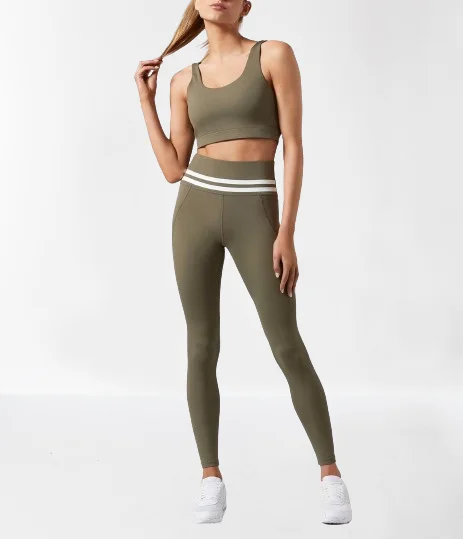 Wholesale Women Workout Basic Clothing High Waist Tight Leggings Two Pieces Fitness Clothing Gym Sports Yoga Sets Stripe Legging