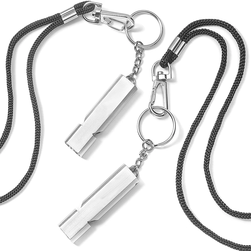 Fishing Training Rescue Stainless Waterproof Emergency Survival Double Tube 120DB Whistle with Lanyard Keychain