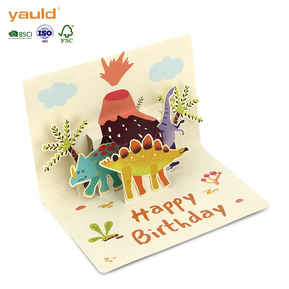 Custom Printed Dinosaur World Happy Birthday 3D Pop Up Funny Greeting Cards For Children
