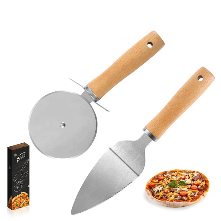 Portable Kitchen Tools 2 pcs Set Wood Handle Stainless Steel  Pizza Cutter Knife and Spatula Pizza with Box