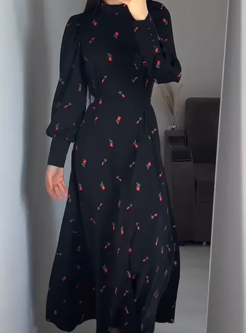 2024-New Russia  Fashion Ladies Elegant Floral Printed Dress Solid Long Sleeve Crew Collar Slim Ruffled Loose Long Dress