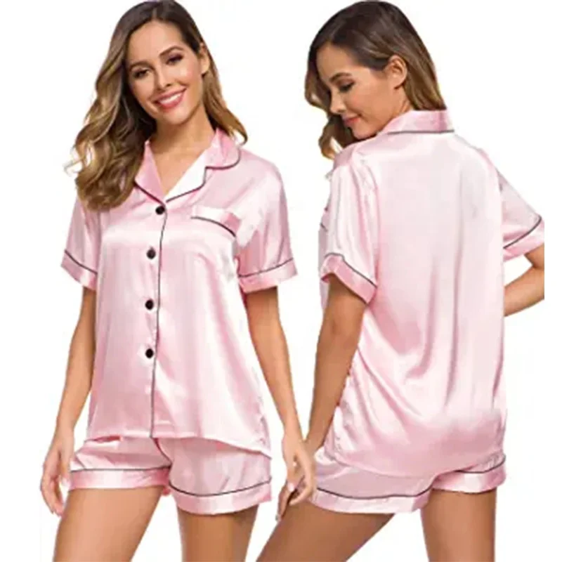 
Summer Womens Silk Satin Pajamas Set Two-Piece Pj Sets Sleepwear Loungewear Button-Down Pj Sets 