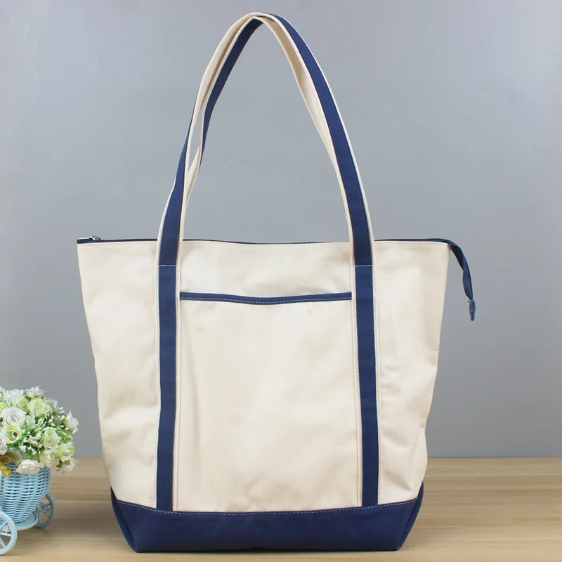Custom Design Two-Tone Reinforced Handle Canvas Tote Shopper Bags With Zipper And Pockets