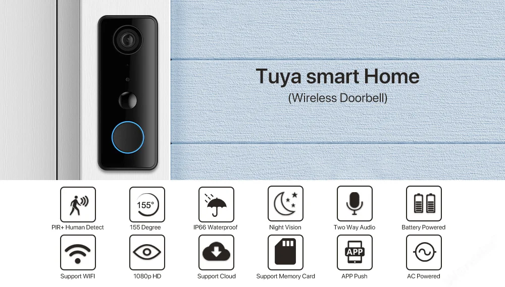Водонепроницаемый 1080P беспроводной батарейный питание Tuya видео дверной звонок камера