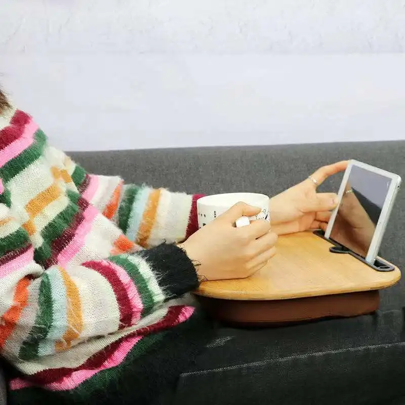 High Quality Portable Laptop Table Anti-Slip Stopper On Bed And Sofa Laptops Phone Holder Bamboo Lap Desk With Pillow Cushion