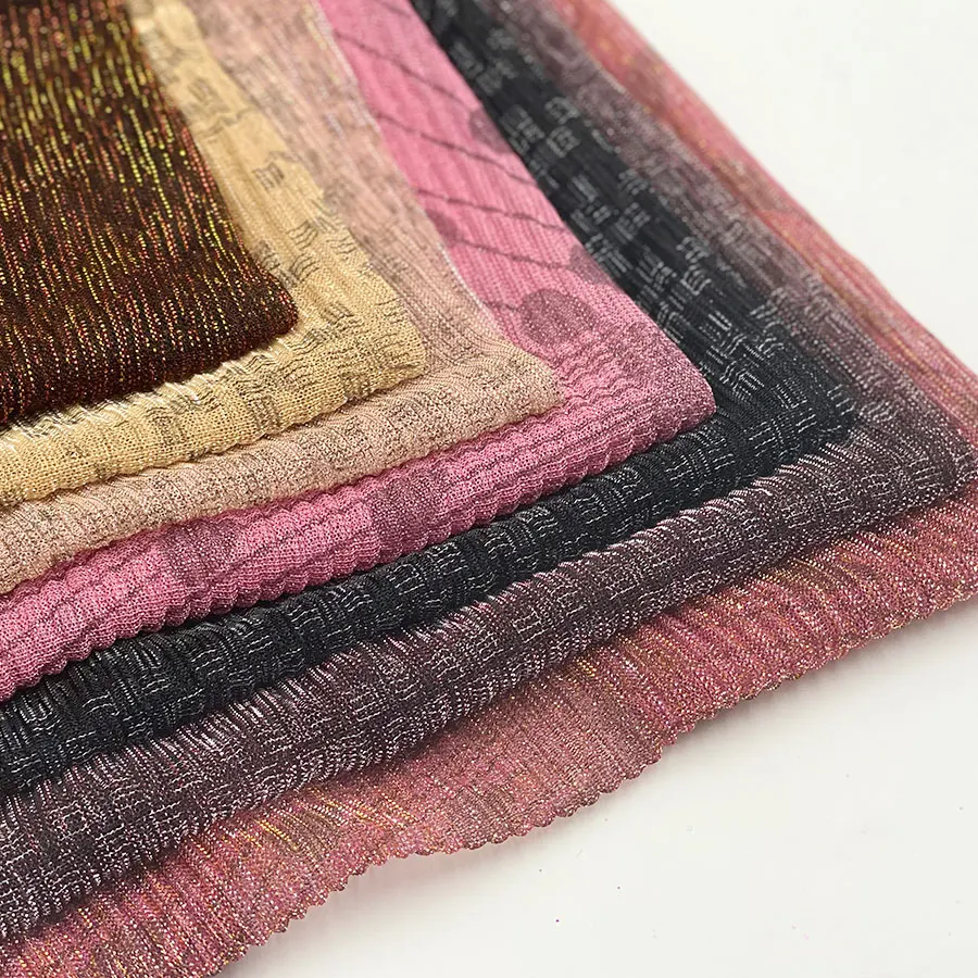 Custom-made sheer silk light thin shiny pleated metallic lurex thread printed dress fabric
