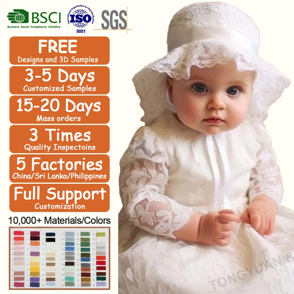 Wholesale Newborn Baby White Baptism Dress Wedding Party Long Sleeve Lace Dresses Toddler Girls Christening Gown With Hat