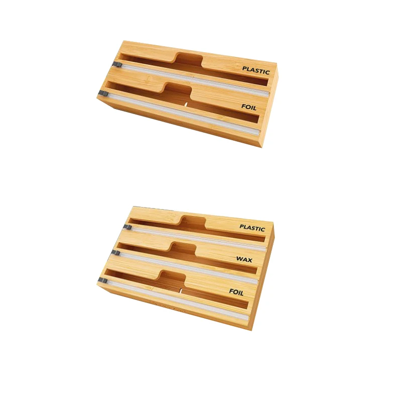 Wrap Dispenser Cutter and Label Plastic Wrap Aluminum Foil and Wax Paper Dispenser Kitchen Drawer Bamboo Roll Organizer