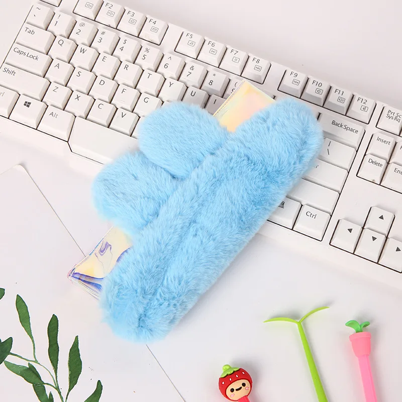 
Cute plush rabbit ears PVC pencil case for girls kids learning pencil bag 