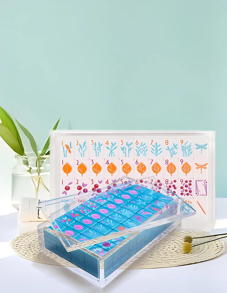 Customized Singapore American Malaysia Chinese Travel Game Blue White Acrylic Mahjong Tiles Sets