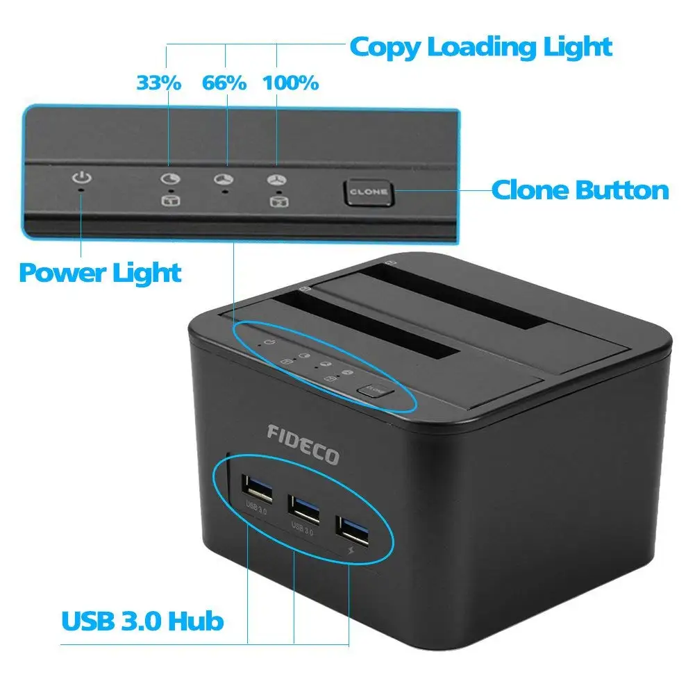 FIDECO Fast Charging HDD Docking 2.5 3.5 Sata Hard Drives to Usb 3.0 Dock Station Hdd Offline Clone Usb 3.0 Hub Hdd Docking Station
