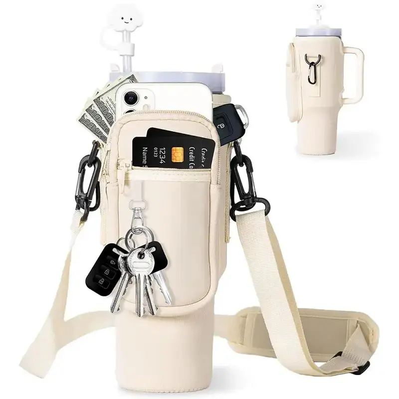 Hot 40 OZ Neoprene Shoulder Strap Tumbler Cup Water Bottle Carrier Crossbody Sling Holder Bag with Zipper Phone Pocket