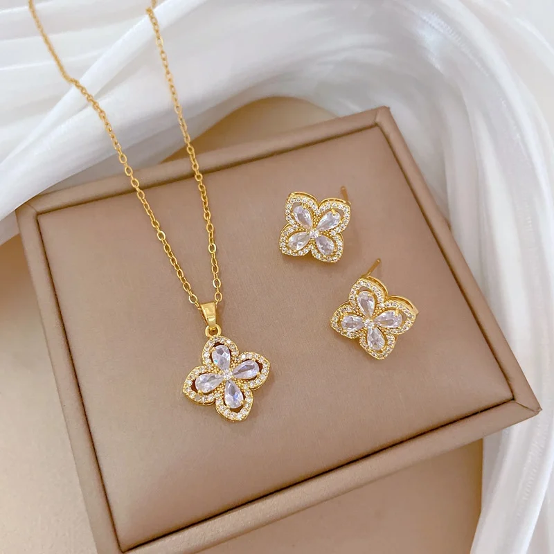 High Quality Jewelry 4 Four Leaf Clover Flower Austria Crystal Earring Stainless Steel 18K Gold Plated Kundan Jewelry Set Indian