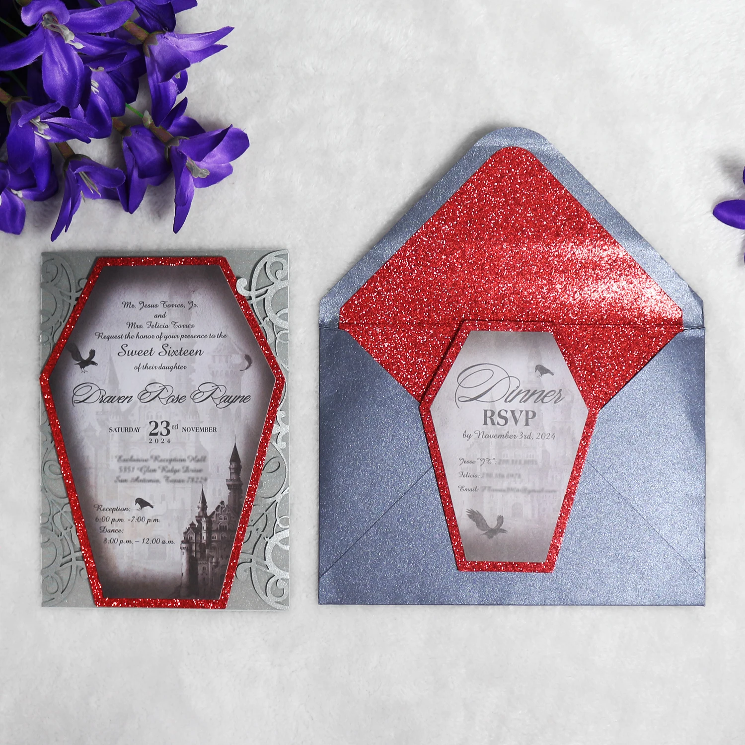 Glitter Laser Cutting Wedding Invitation Birthday Quinceanera Invitations Cards Red Shimmer Liner Envelope