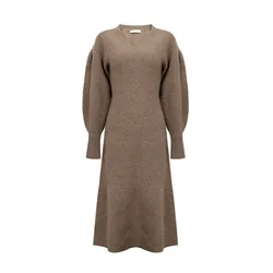 Custom 100% Cashmere Dress Women Lady Winter Knit Woman Vintage Lantern Sleeves Long Cotton Wool Cashmere Sweater Dresses