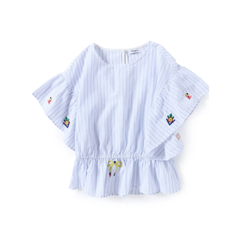 New innovative 2020 style girls shirt embroidery and blue stripped short puff sleeve and waist elastic girls blouse