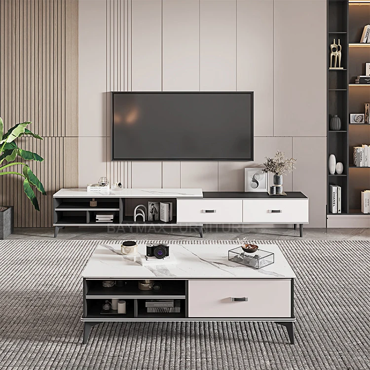 Living room furniture white rock slate coffee tea table and tv stand cabinet unit