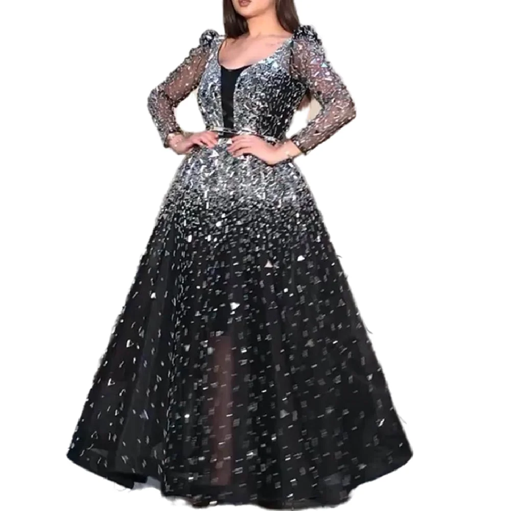 New Design V Neck Womens Waist Closing Big Swing Long Sleeved Evening Dresses Womens Prom Dresses Black Party Dress