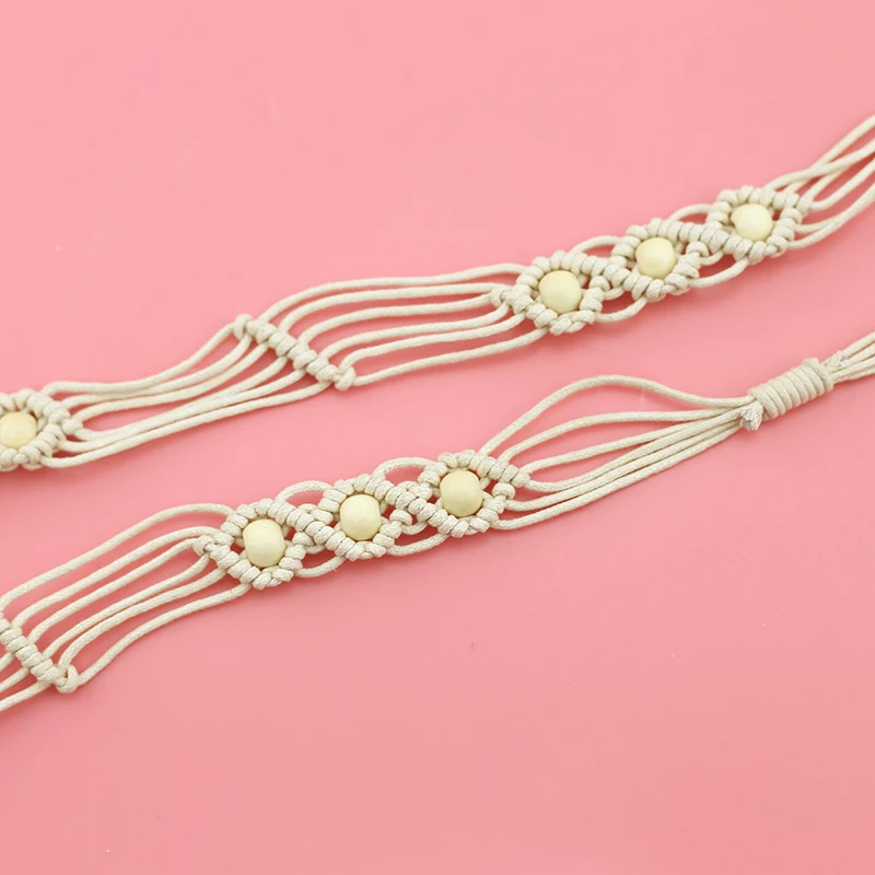 handmade braided cord belt with wood bead and fringe fashion belt