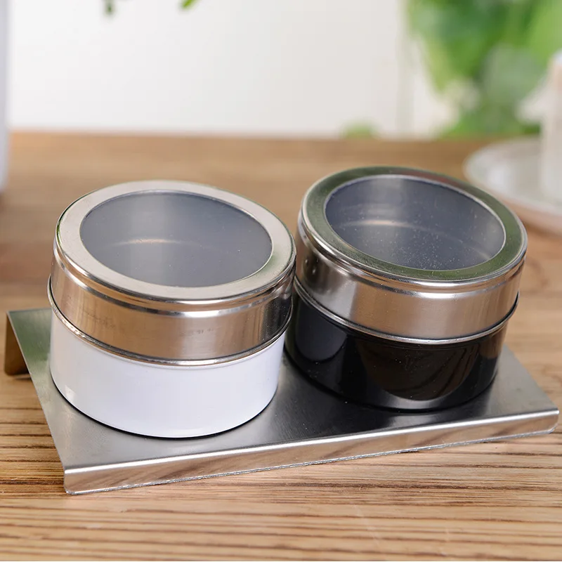 2pcs Kitchen Tool Metal Round Stainless Steel Magnetic Refrigerator Spice Seasoning Container Jar Tins Set Rack With Magnet Jars