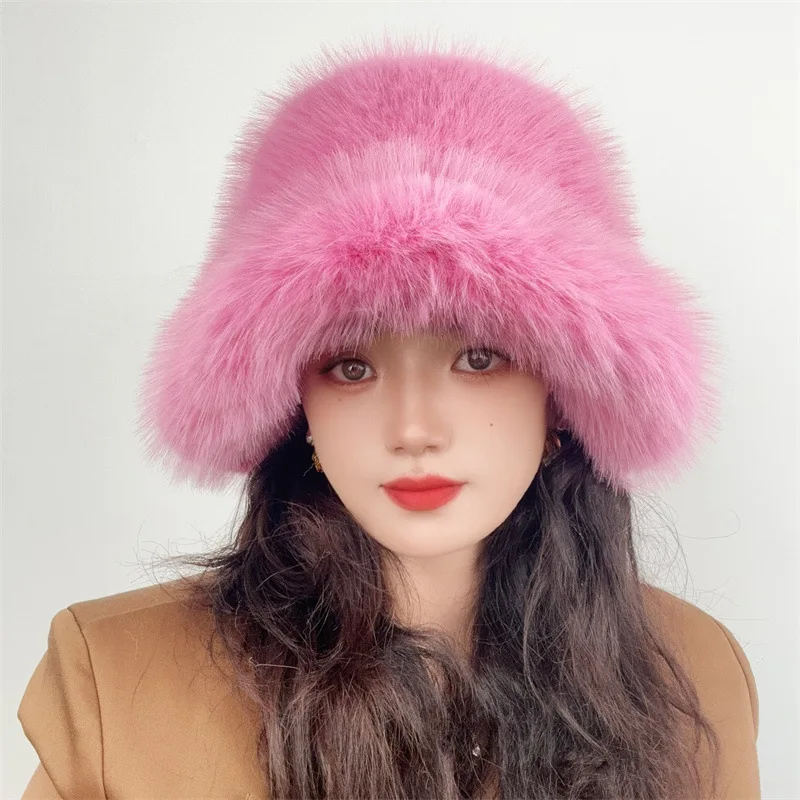 Hot Sale Outdoor Ladies Girl Furry Fluffy Designer fox cap faux fur bucket winter hat for women
