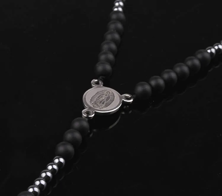 Stainless Steel Cross And Matte Onxy Hematite Beaded Handmade Rosary Men Necklace