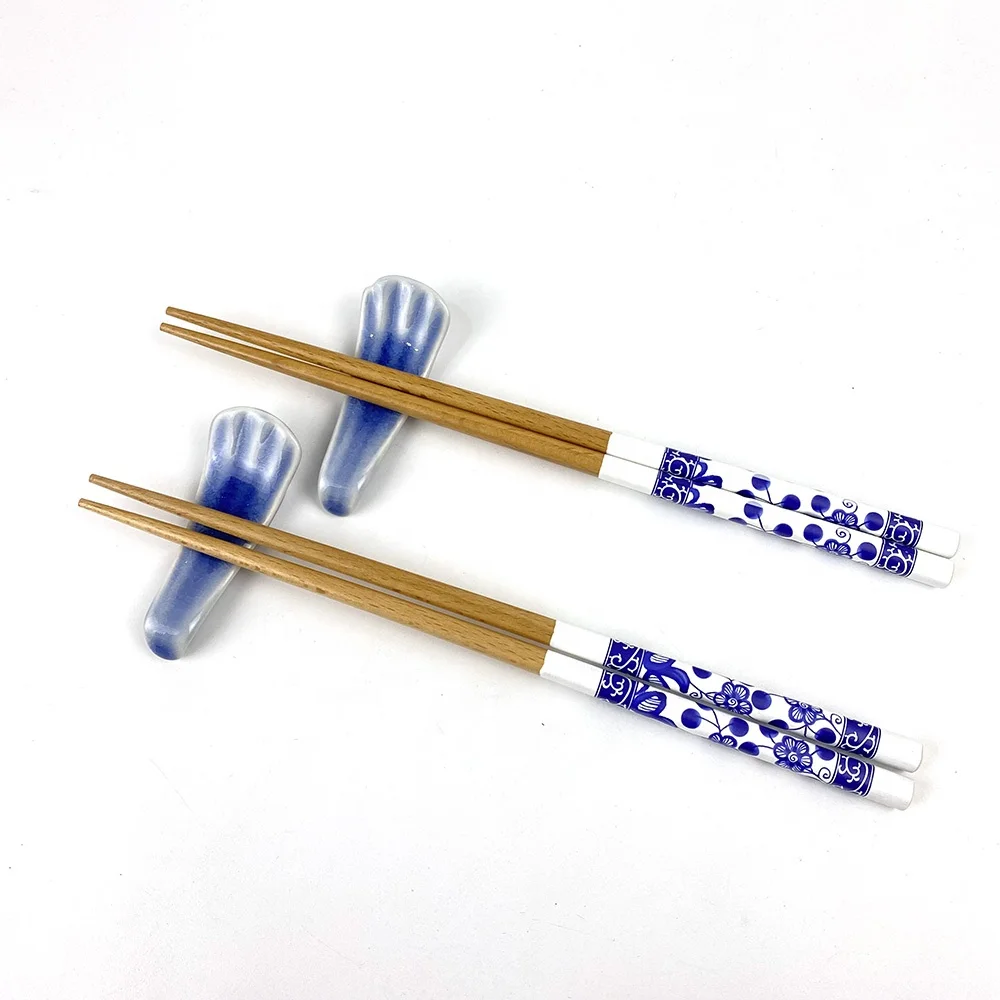 hot sale in 2024. Traditional Chinese style blue and white wooden classic chopsticks with ceramic holders
