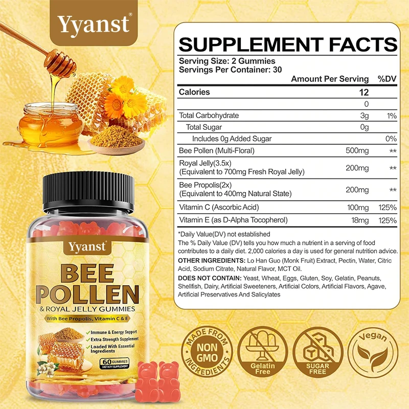 Private Label 100% Natural Bee Pollen with Royal Jelly Gummies Skin Health Support Boost Energy Bee Pollen Gummies
