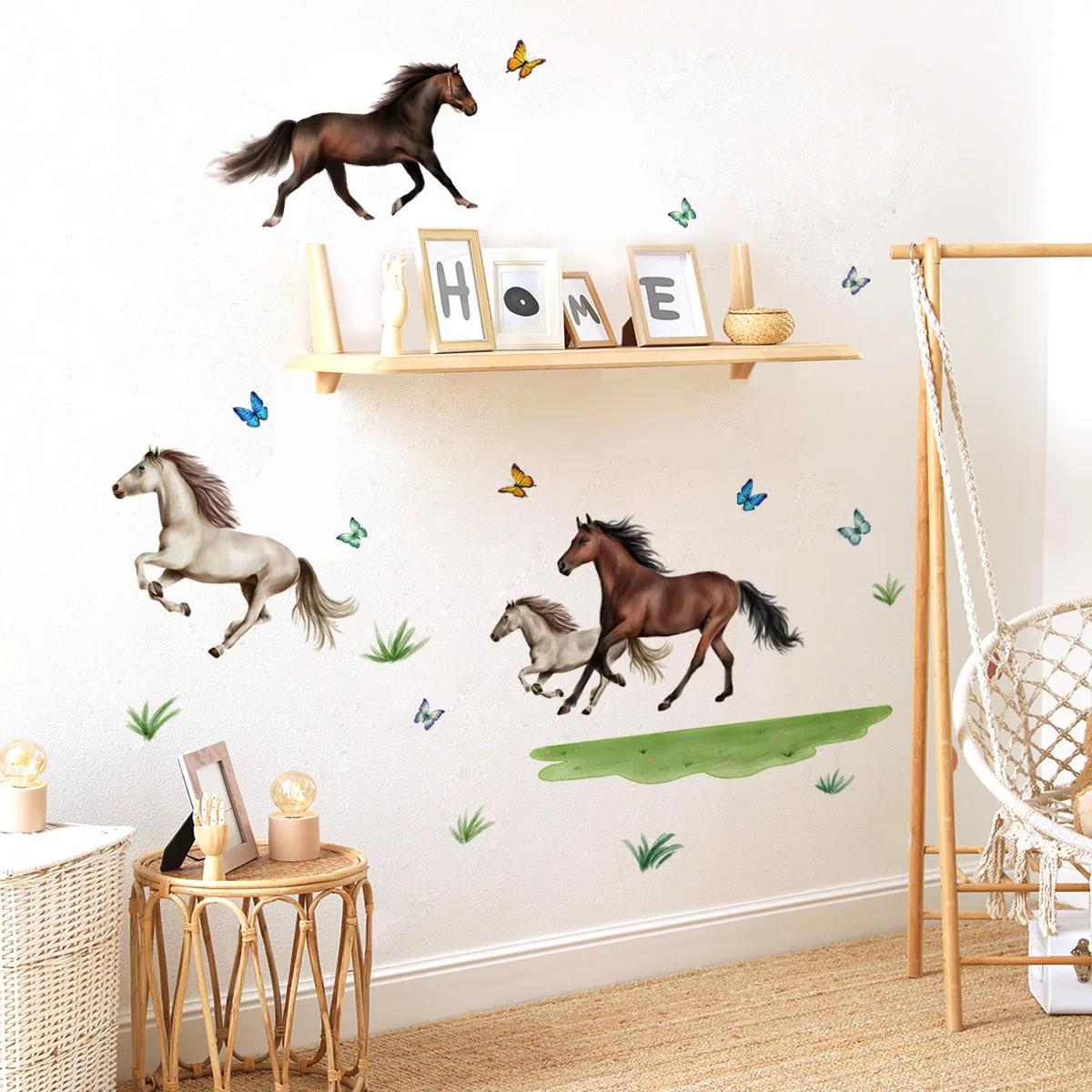 Running Horses Grass Butterfly Wall Stickers For Bedrooms Living Rooms Background Wall Decorative Wall Decals Self-adhesive PVC