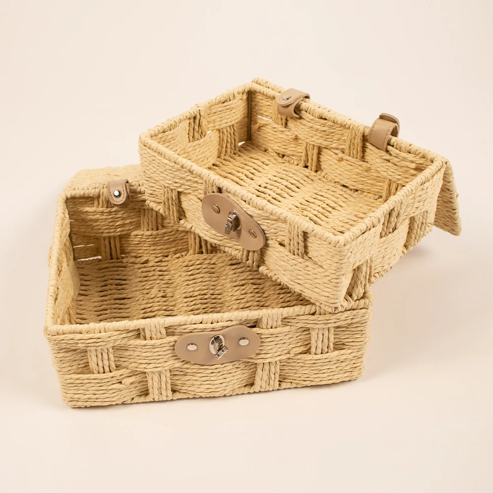 JY Small PP Paper Rattan Rectangular Storage Baskets Weave Woven Basket With Lid Serving Tray Toy Storage Baskets