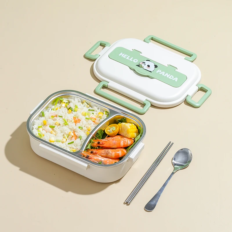 School 2 compartments food container cute Panda 304 stainless steel metal bento lunch box with cutlery and insulated bag for kid