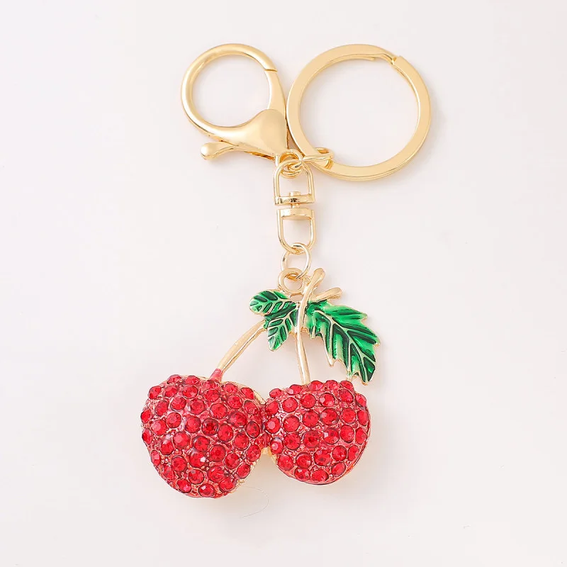 fashion Crystal glitter Cherry Keychain Girl Rhinestone Fruit Cherry key ring bling cherry bag charm pendant jewelry accessories